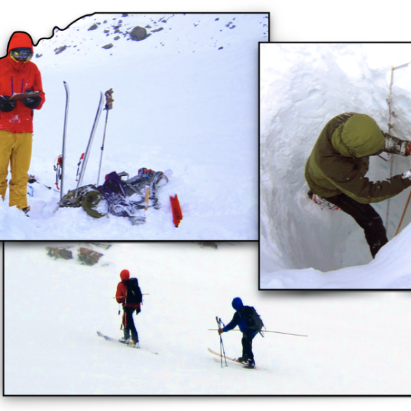 Collage of students doing research in the snow-covered mountains