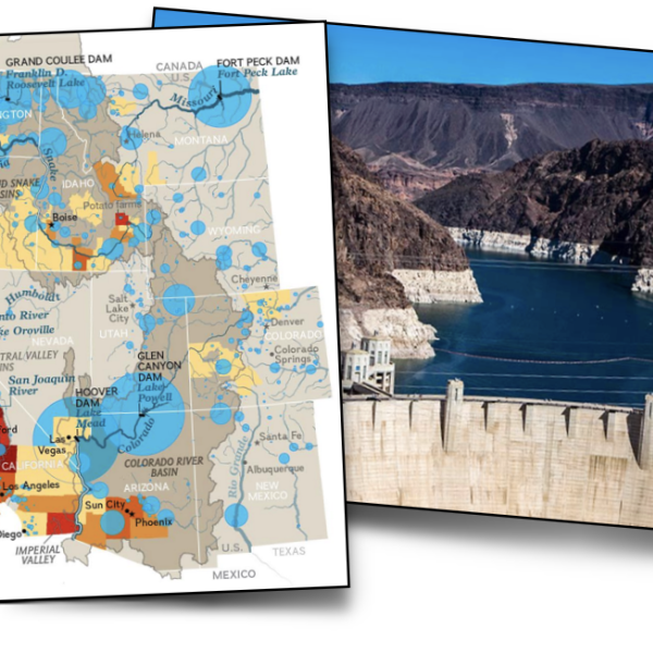 Collage of water map with water usage statistics, water dam