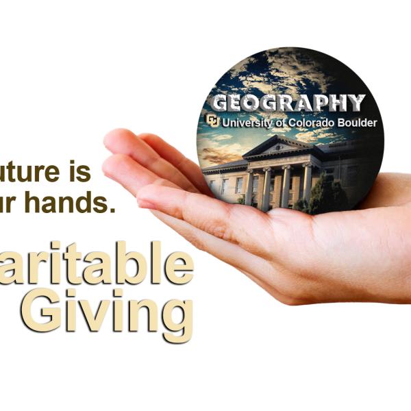 A hand holding the GEOG logo with the words "Our future is in your hands" and "Charitable Giving"