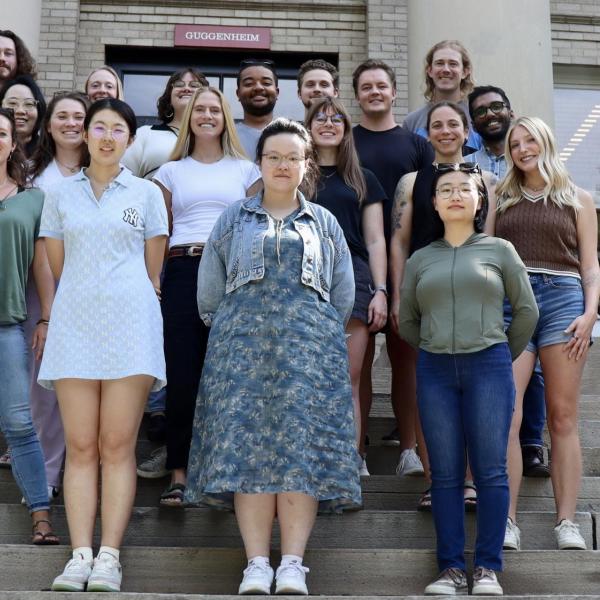 Fall 2024 Graduate Student Group Photo - Back row: Colin Gilbert, Lauren Thomas, Maren Roeske, Virgil Alfred, Matthew Woodland, Lars Schwaebe, Tyler McIntosh - Middle row: Danyan Leng, Hayes Hart-Thompson, Sydney Carr, Emma Tyrrell, Maddy Rich, Anshul Sharma - Front row: Esmee Mulder, Zhe Lin, Yangchengsi Zhang, Yanxiao Liu, Bella Kamplain
