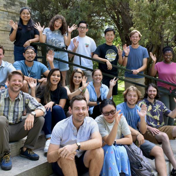 2021 Grad Students - Railing (L to R): Naomi Hazarika, Sylvia Feghali, Steven Wang, Guiye Li, Thomas Herrmann, Sade Cromratie Clemons. Back stairs: Caleb Fogel, Ryan Erickson. Middle stairs: Matt Miller, Katarena Matos, Somayeh Nikoonazari, Lauren Herwehe Kim. Front stairs: Huck Rees, Tsering Lhamo, Buddy Collins, Noah Campbell