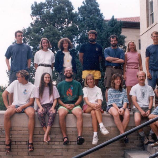 Fall 1994 Graduate Students Group Photo - Back Row: Paul Talbot, Dana Triplett, Christina Pykonen, Robert Cress, H. Ricardo Grau, Catherine Russell, Adam Light, and David Levinson - Front Row: Steve Shimek, Susan Jones, Keith Rokoske, Suzanne Michel, Ulrike Huber, Mark Miller, Anna Secor, and Brian Menounos
