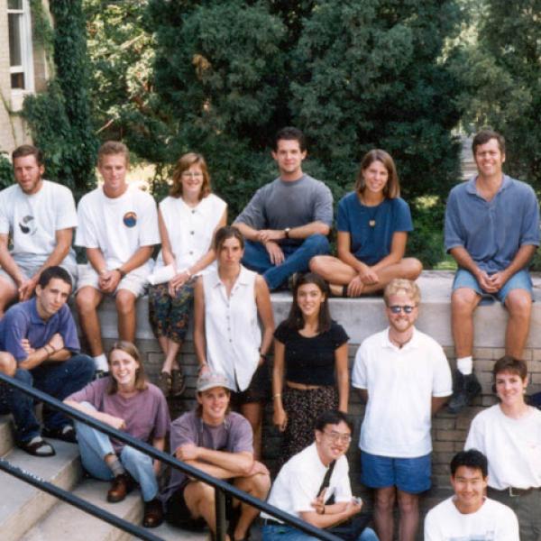 Fall 1996 Graduate Students Group Photo - Back Row: Sherrill Mindia Brown, Michael Rock, Gabe Preston, Donna Rubinoff, Michael Solem, Hillary Hamann, William Jeffery Weber, Tina Gayon Middle Row: Jeffrey Cole, Ciaran Hurst, Kerstin Switala (standing), Leigh Miller (standing), Andrew Smith (standing), Alice Wondrak (standing), Sara Fabrikant (standing) Front Row: Melanie Peterson, Eran Hood, Ming Hsiang Tsou, Stephen Huh