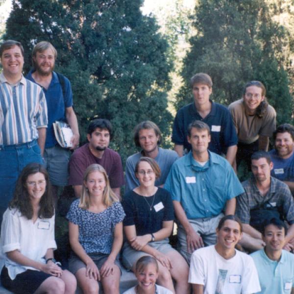 Fall 1998 Graduate Students Group Photo - Back Row: Mark McLean (standing), Jake Haugland (standing), Paul Mitchell, Dominik Kulakowski, Kevin Petrik, Adam Kolff. Middle Row: Kathleen Farley, Rosemary Sherriff, Jennifer Hazen, Dick Cameron, Jim Russell, Paul Lander. Front Row: Tammi Laninga, Aaron Potito, Takashi Yamazaki, Not Pictured: Jonathan Godt, Valerie Ledwith, Klara Mezgolits.