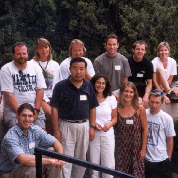Fall 1999 Graduate Students Group Photo - Back Row: Renee Tatusko, Stacy Drury, Ingrid Corson, Russell Huff, Ian Feinhandler, Nicholas Cullen, Shari Fox, Sandra Starkweather. Middle Row: Jason Sibold, Fengjing Liu, Elizabeth Olson, Bronwyn Owen, Andrew Slater, Rutherford Platt, James Miller. Not Pictured: Andres Torizzo