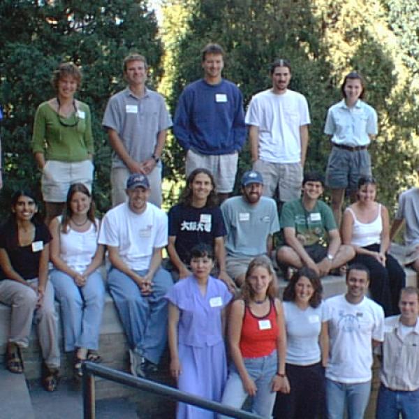 Fall 2000 Graduate Students Group Photo - Back Row: Altinay Kuchukeeva, Sacha Hall, John Gartner, Tyler Erickson, Erich Mueller, Amy Sumpter. Middle Row: Monica Ogra, Erin Heithoff, Matthew Beedle, Chris McMorran, David Manthorne, Todd Albert, Kate Daniels, Steven Cooper. Front Row: Yu Luo, Maria Baden, Shenandoah Pearce-Anderson, Jacob Gearheard, Jason Janke.