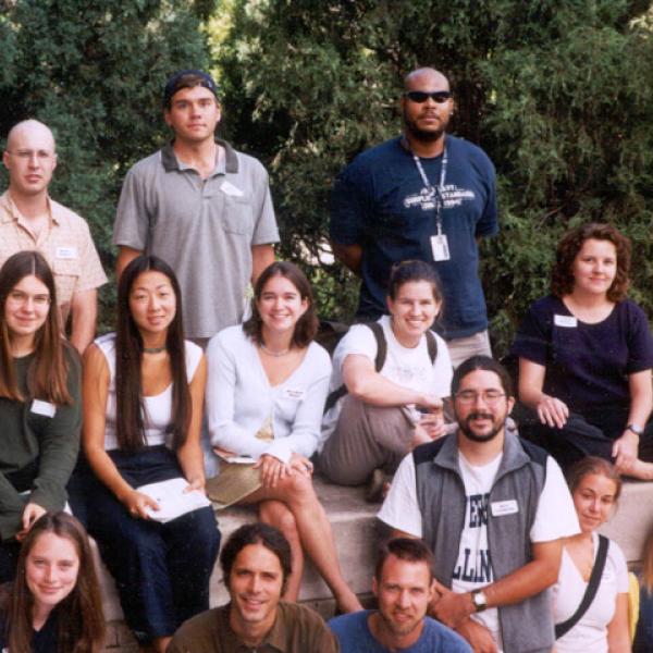 Fall 2001 Graduate Students Group Photo - Back Row: Daniel Trudeau, Scott Nelson, Darren Gallant. Middle Row: Maria Tsukernik, Angela Yu, Meredith Knauf, Nancy Hoalst, Tanya McKay. Front Row: Lisa Jordan, Jordan Clayton, Frank Witmer, Kyle Landwehr, Manoela Borges, Rebecca Theobald.