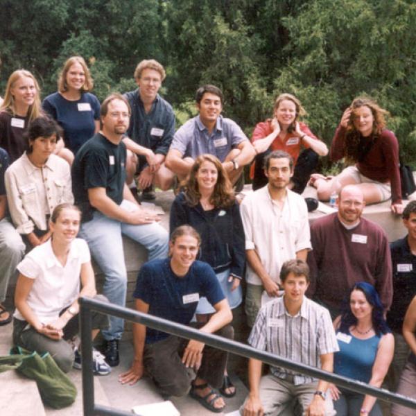 Fall 2002 Graduate Students Group Photo - Back Row: Craig Anderson, Vanessa Bauman, Molly McAllister, Roland Viger, Daniel Cordalis, Micheline van Riemsdijk, Clionadh Raleigh. Middle Row: Samuel Schueth, Leonith Hinojosa-Valencia, Joseph Alfieri, Leora Nanus, Andres Holz, Jeffery Hamerlink, Luke Ward. Front Row: Taryn Oakley, Brian Kurzel, Kevin League, Anita Howard, Kristine Gibson, Brock McCarty.