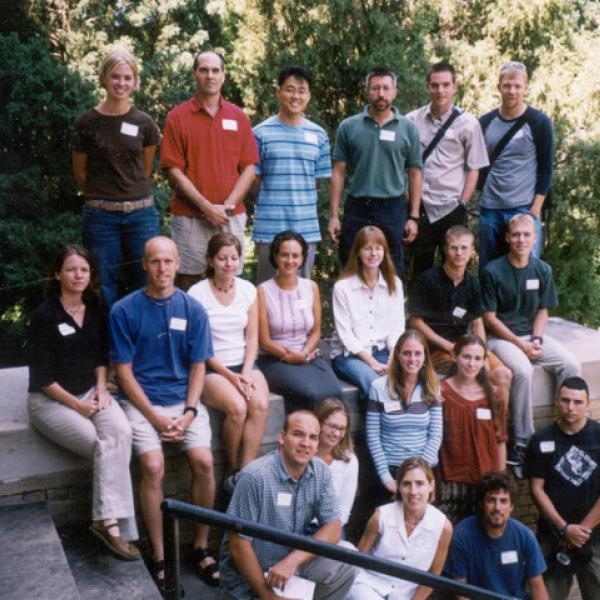 Fall 2003 Graduate Students Group Photo - Back Row: Kathy Batalden, David Smith, Eungul Lee, Marco Antonsich, John Maurer, Matt Beedle. Second Row (sitting): Vanessa Empinotti, Keith Wardrup, Geneva Mixon, Catalina Segura-Sossa, Elizabeth Russell, Benson Wilder, Torrin Hultgren, Third Row (standing, at right): Jen Wolchansky, Jessica Shedman, Sebastian Araya. Front Row (bottom center): Jamie Gillen, Kellee Tarum, Jessica Lage, Neil Frankes, Not Pictured: David Potere