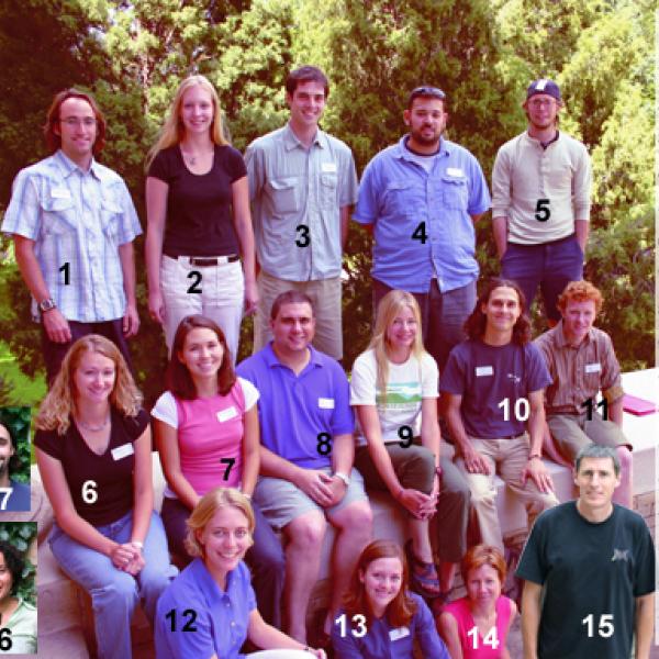Fall 2004 Graduate Students Group Photo - Back Row:1. Brendan Kiernan, 2. YaffiaTruelove, 3. Juan Paritsis, 4. Kiyoshi Yamashita, 5. Andrew Meyer. Middle Row: 6. Brandy Logan, 7. Kristina Wynne, 8. Paul Abood, 9. Carla Vandervoort, 10. Chris McMorran, 11. Joseph Gartner. Front Row: 12. Meg Tilton, 13. Aimee Pierce, 14. Monica Smith, 15. David Kindig, Left Side: 16. Marian Medovaya, 17. Brendan Soennecken