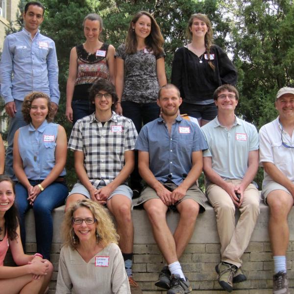 Fall 2014 Graduate Students Group Photo - Back row: Mehran Ghandehari, Daniela Marini, Sierra Gladfelter, Emily Volkmar Middle row: Emelie Bailey, Sara Krumminga, Keith Jennings, Adam McCurdy, Shane Grisby, Glenn Grant Front row: Kristy Weber, Gretchen Lang