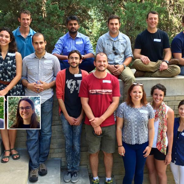 Fall 2016 Graduate Students Group Photo - Back row: Travis Williams, Siddharth Menon, Nick Lewis, Jonathan Cavitt, Georgios Charisoulis Front row: Martha Morrissey, Gabriella Subia Smith, Faran Naderi, Trevor Klein, Bryan Curtis, Meghan Helmberger, Kate Hale, Jessica DiCarlo Insert: Andrew Birch, Stephanie Jarvis