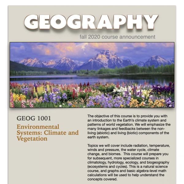 GEOG 1001 Course Flyer for Fall 2020