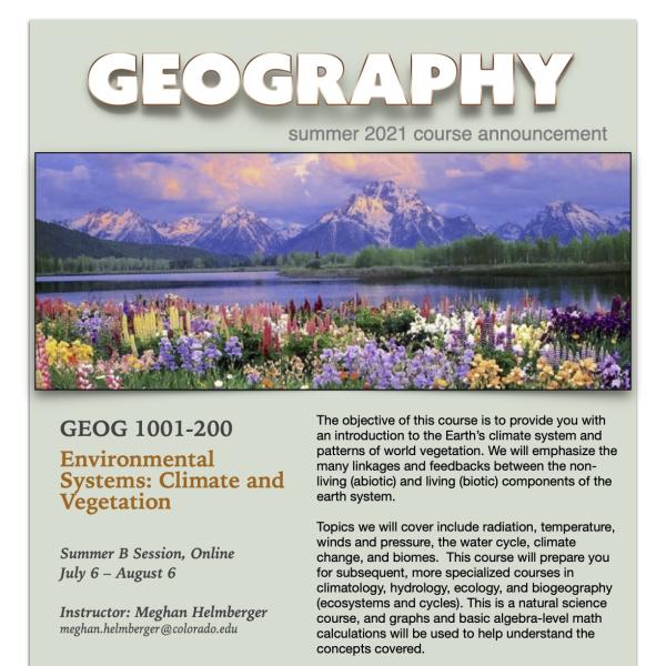 GEOG 1001 Course Flyer for Summer 2021