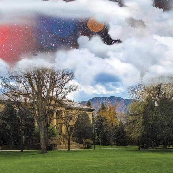 Guggenheim building with clouds and outer space scene above it