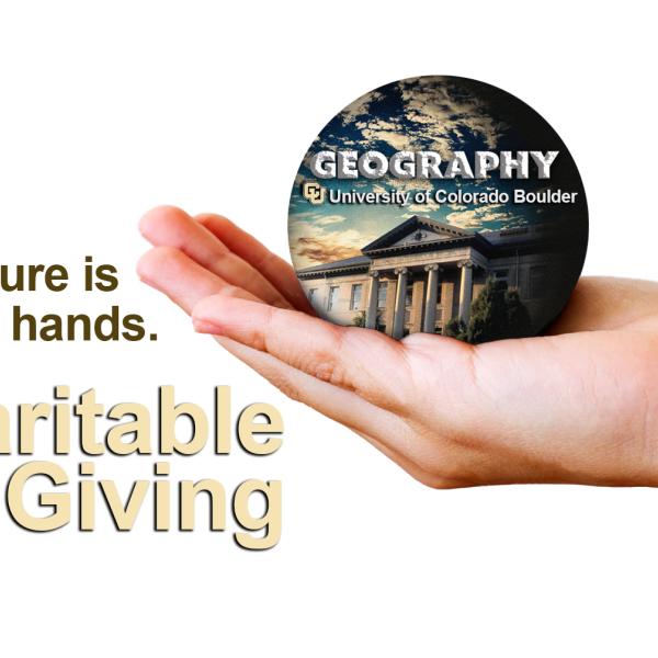 A hand holding the GEOG logo with the words "Our future is in your hands" and "Charitable Giving"