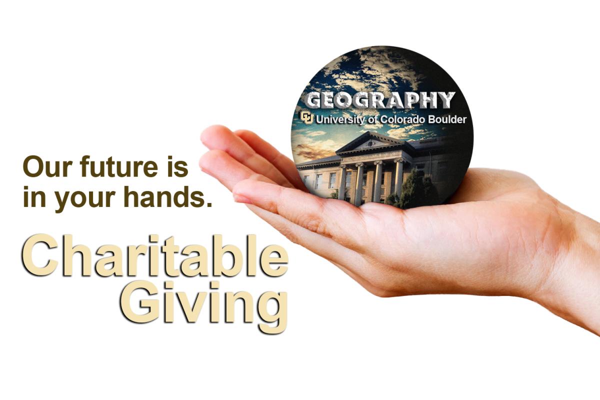 A hand holding the GEOG logo with the words "Our future is in your hands" and "Charitable Giving"