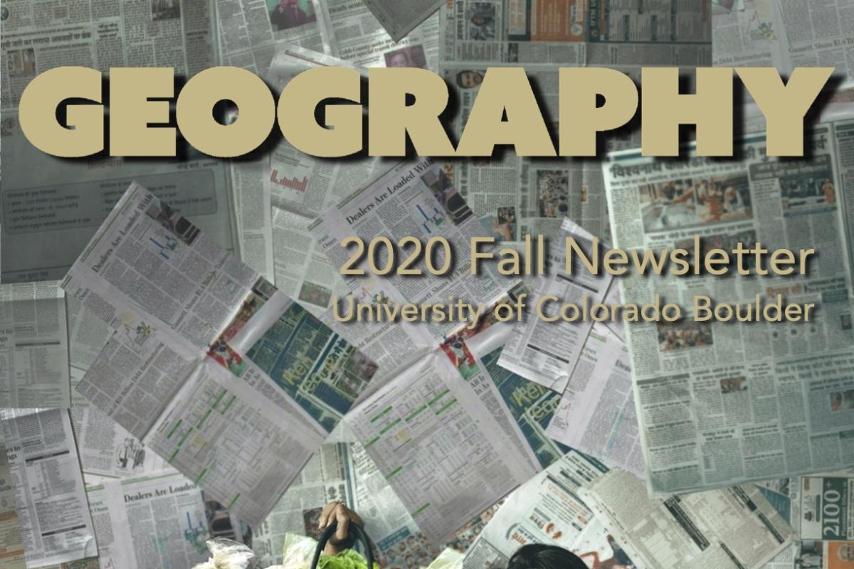 2020 Fall Newsletter cover - woman wearing surgical mask holding a bag of groceries with lettering that says, "Building classroom-to-community connections in the time of Covid-19