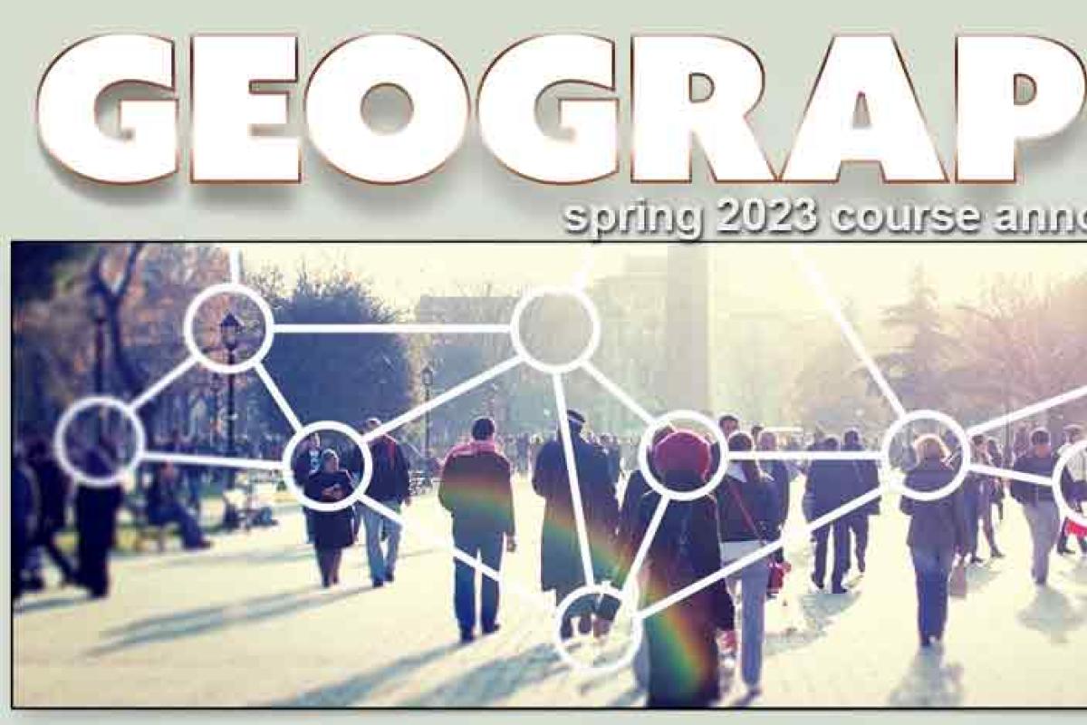 People walking in paved area with web-like graphic overlay