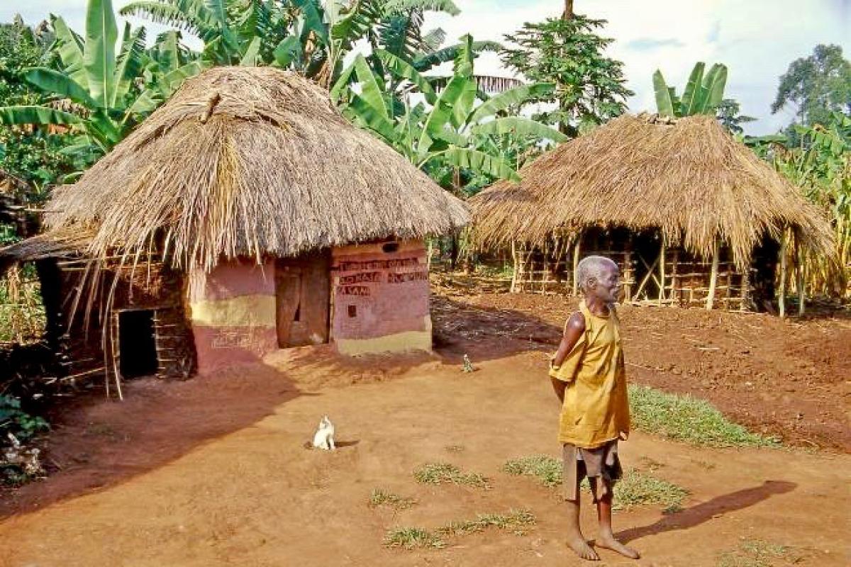 Old man in front of thatched roof hut