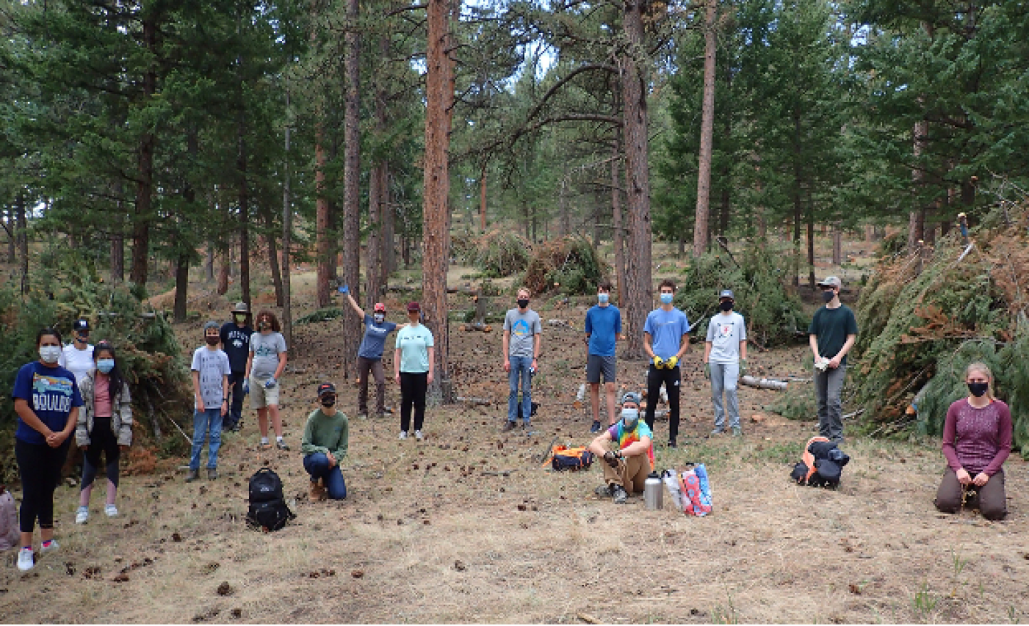 Group of people standing forest with cut brush and trees