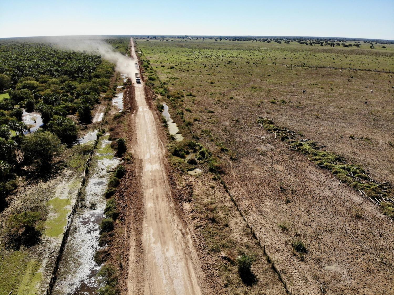 Drone shot of dirt road with forest on one and clear cut tree on other side