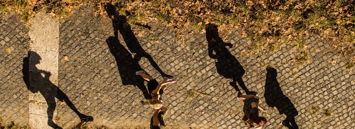 Students' shadows projected while walking on sidewalk