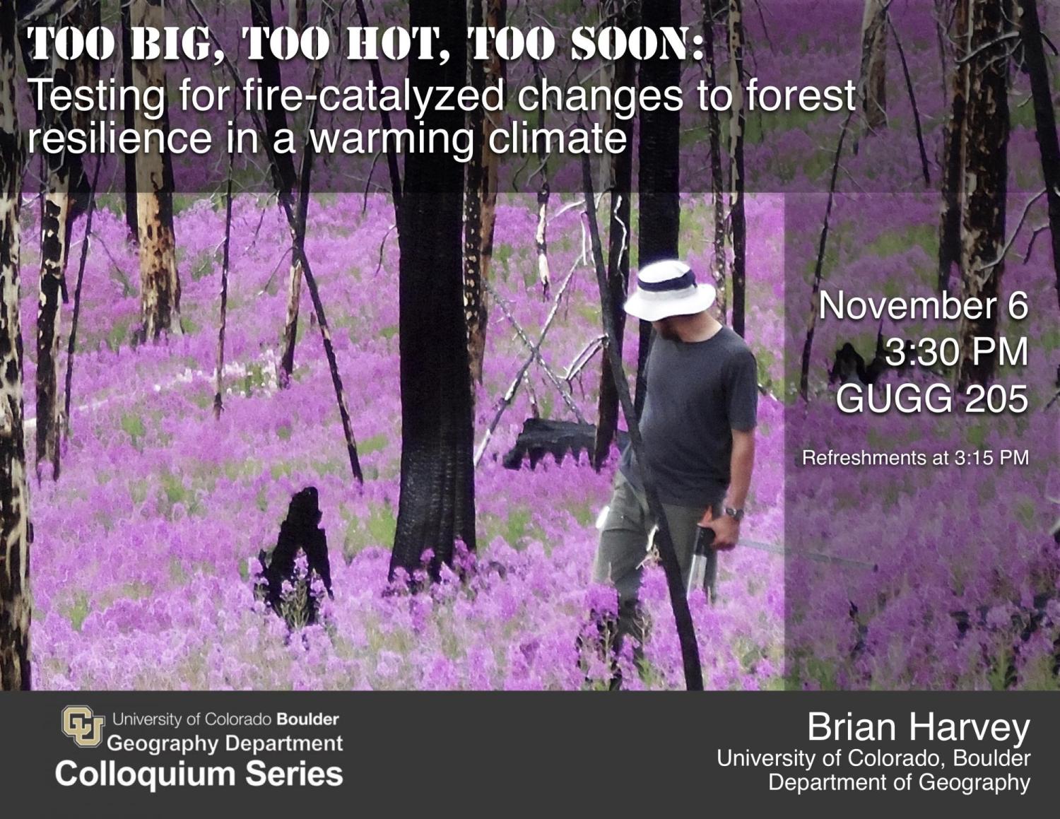 Colloquium poster with title, date, time, location, and man standing field of purple flowers