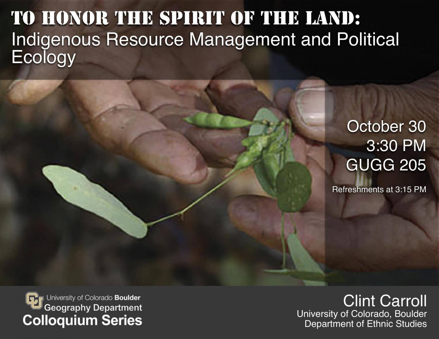 Colloquium poster with title, date, time, location, and hand picking beans
