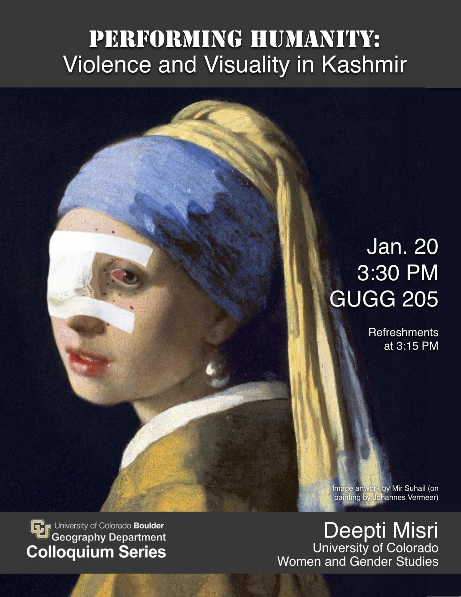 Colloquium poster with title, date, time, location, and painting of woman with bandage on her face