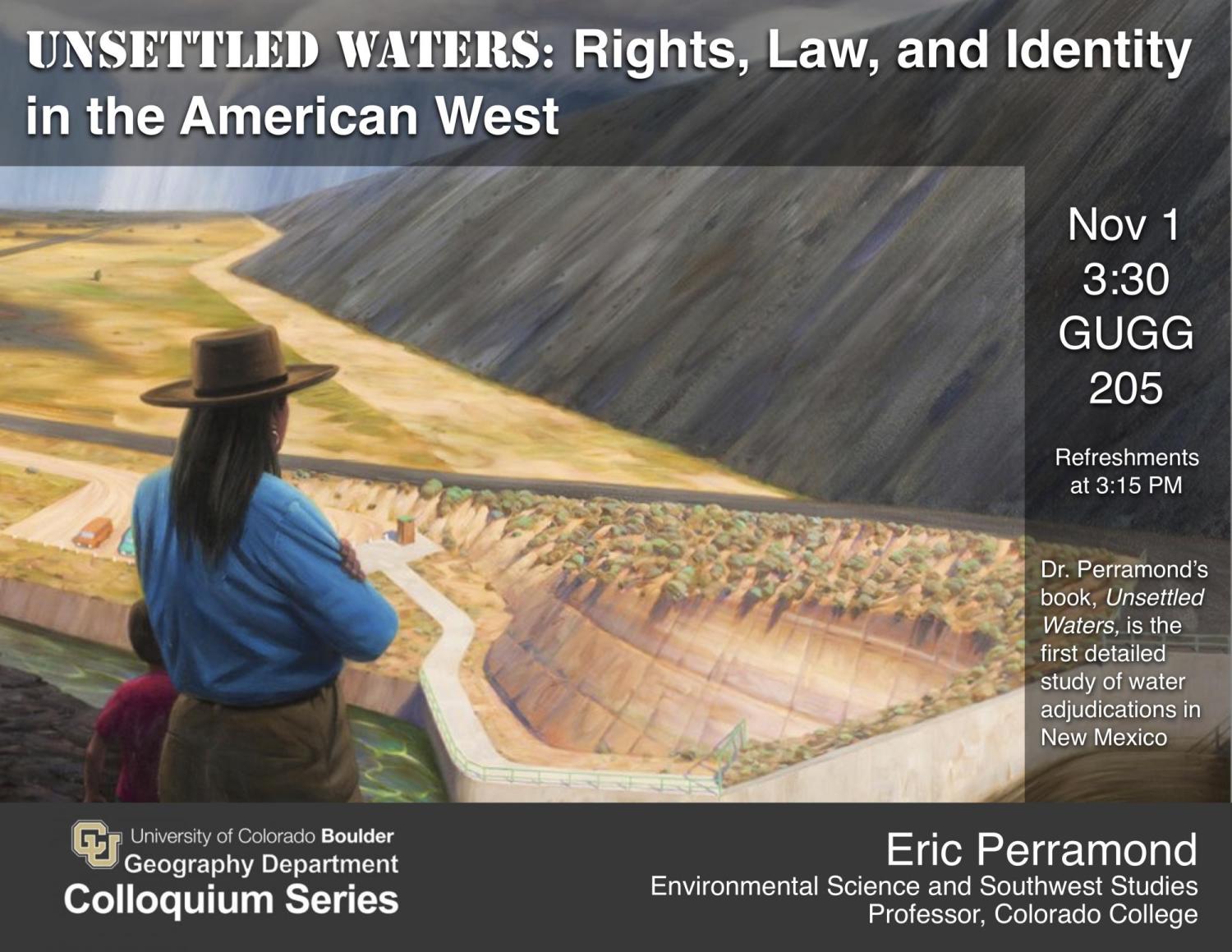 Colloquium poster with woman overlooking vast water project with dam