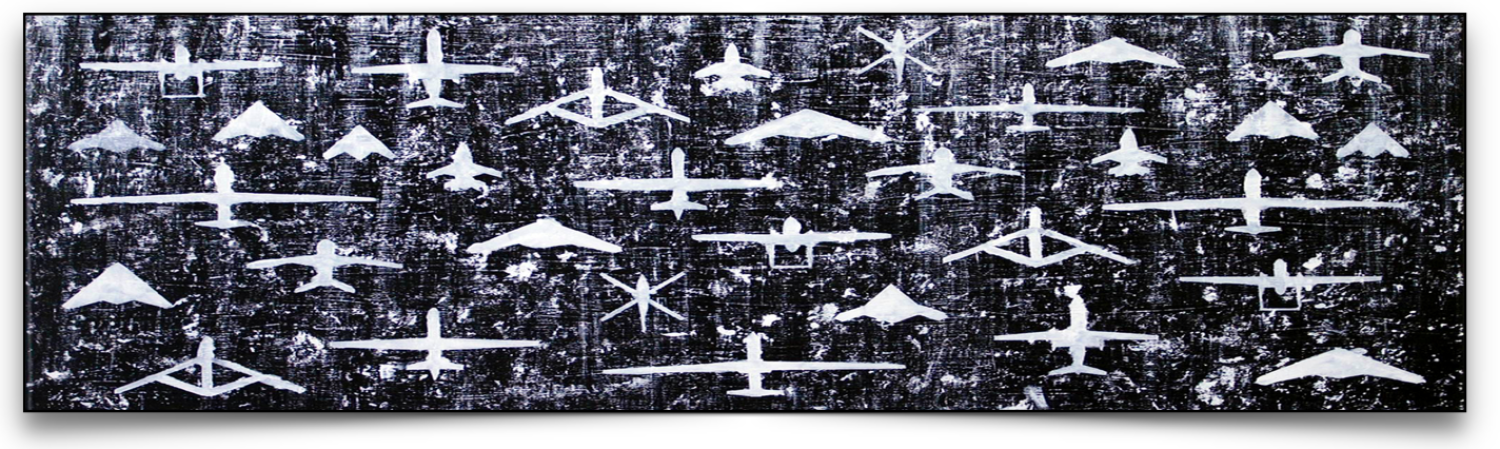 Abstract artwork of planes and mountains in a pattern