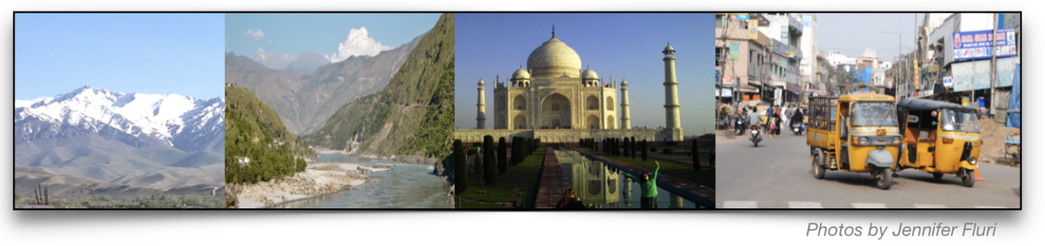 Photo collage of S Asia: mountains, river, Taj Mahal, city traffic