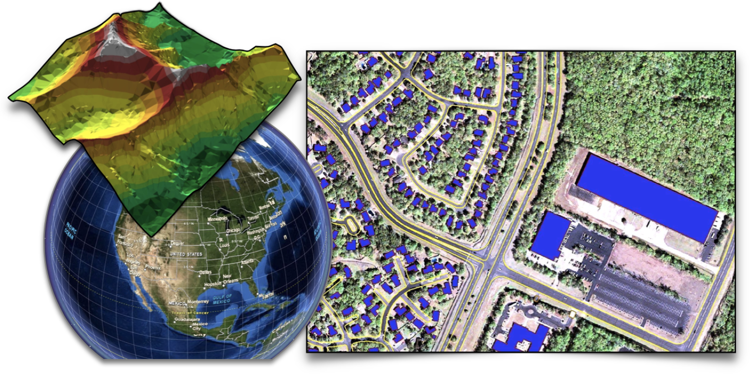 Collage or 3D map, the earth, and an overhead satellite image