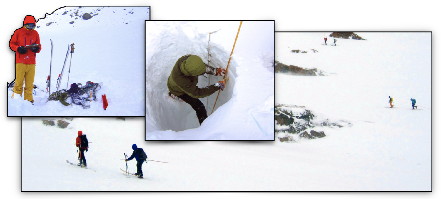 Collage of students doing research in the snow-covered mountains