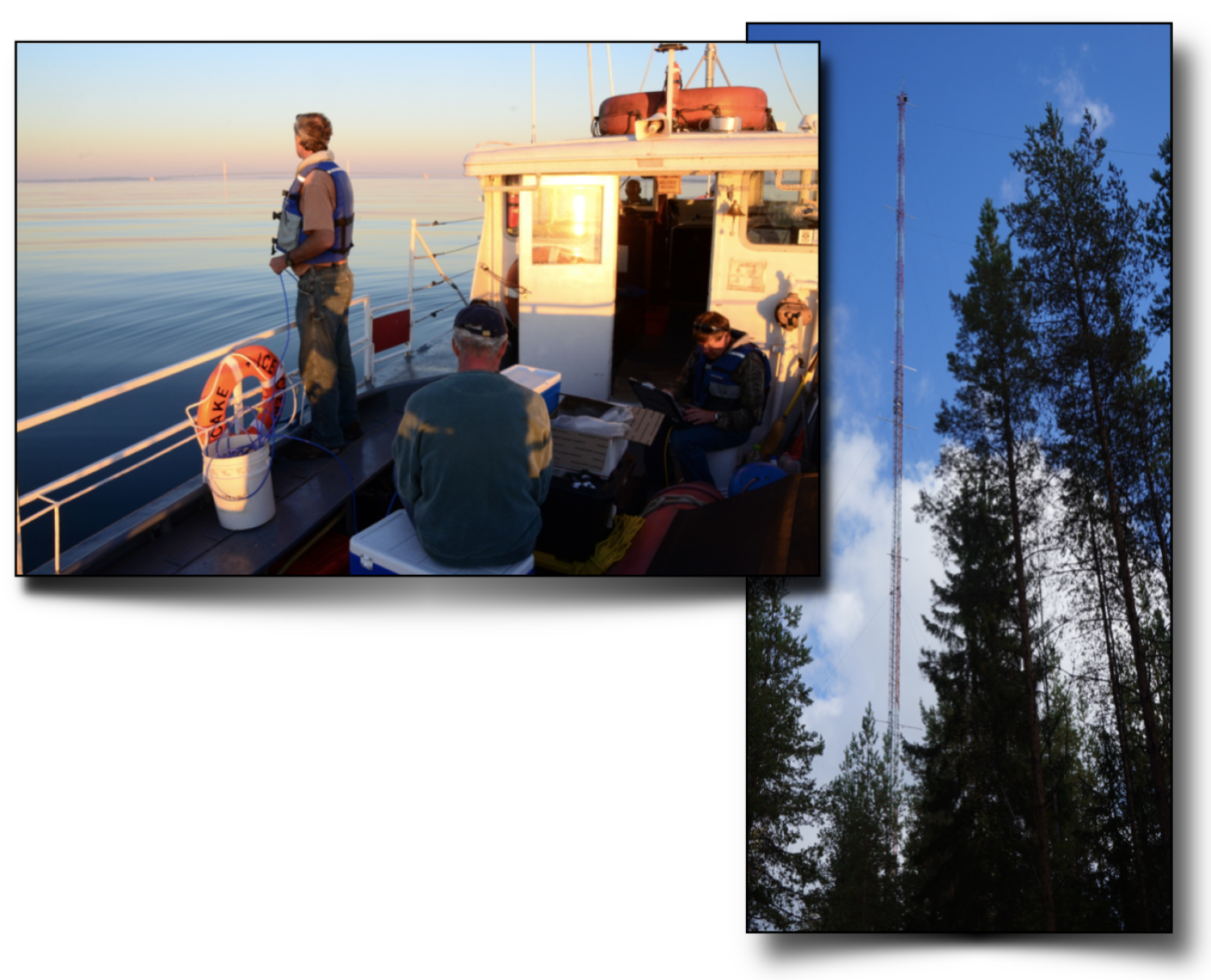 Collage of Peter Blanken on with crew on boat in Great Lakes, weather tower