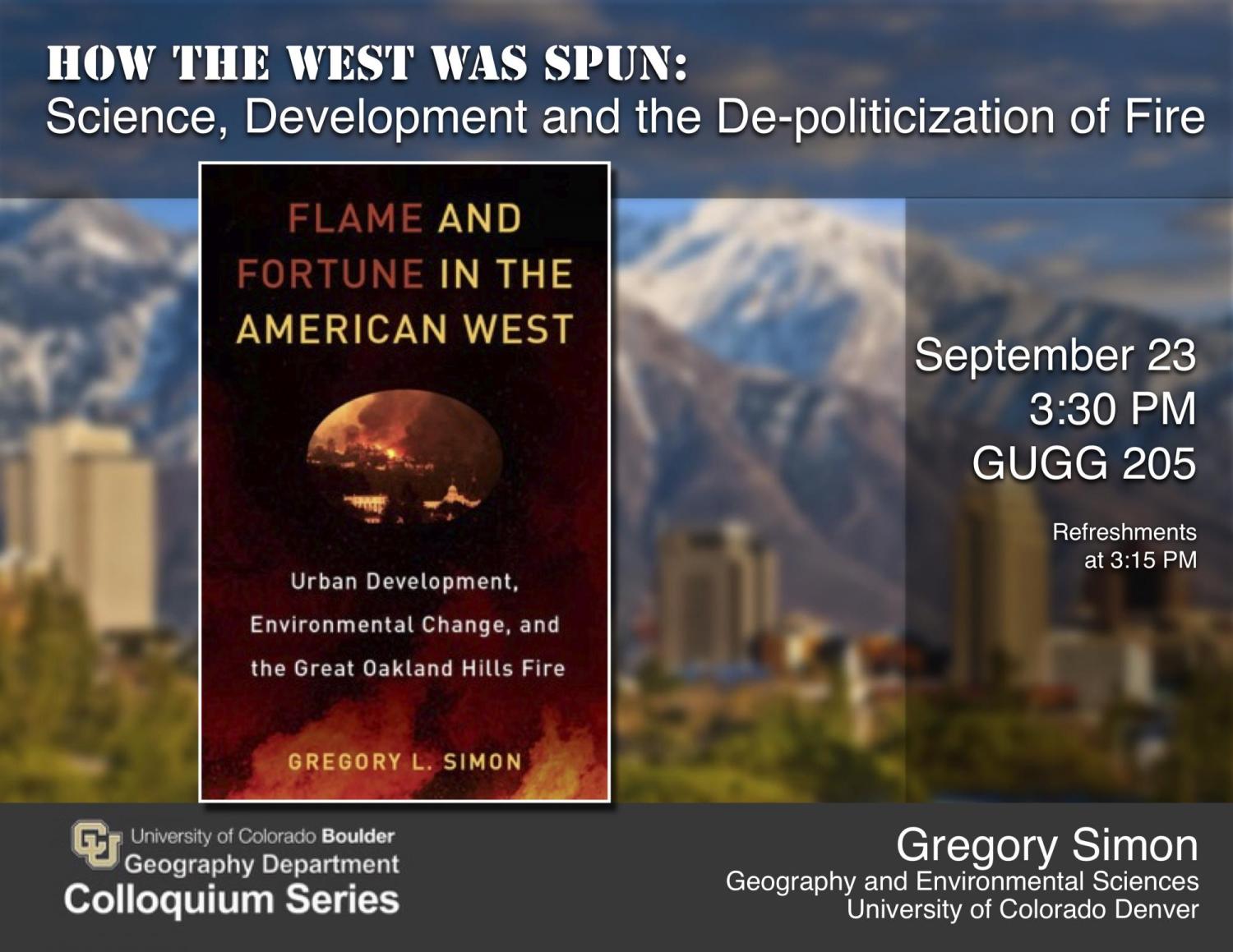 Colloquium poster with title, date, time, location, and book cover