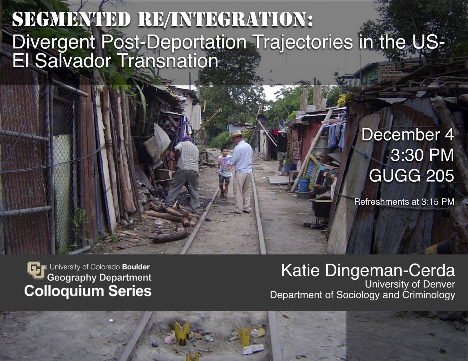 Colloquium poster with title, date, time, location, and 3 people in shanty town
