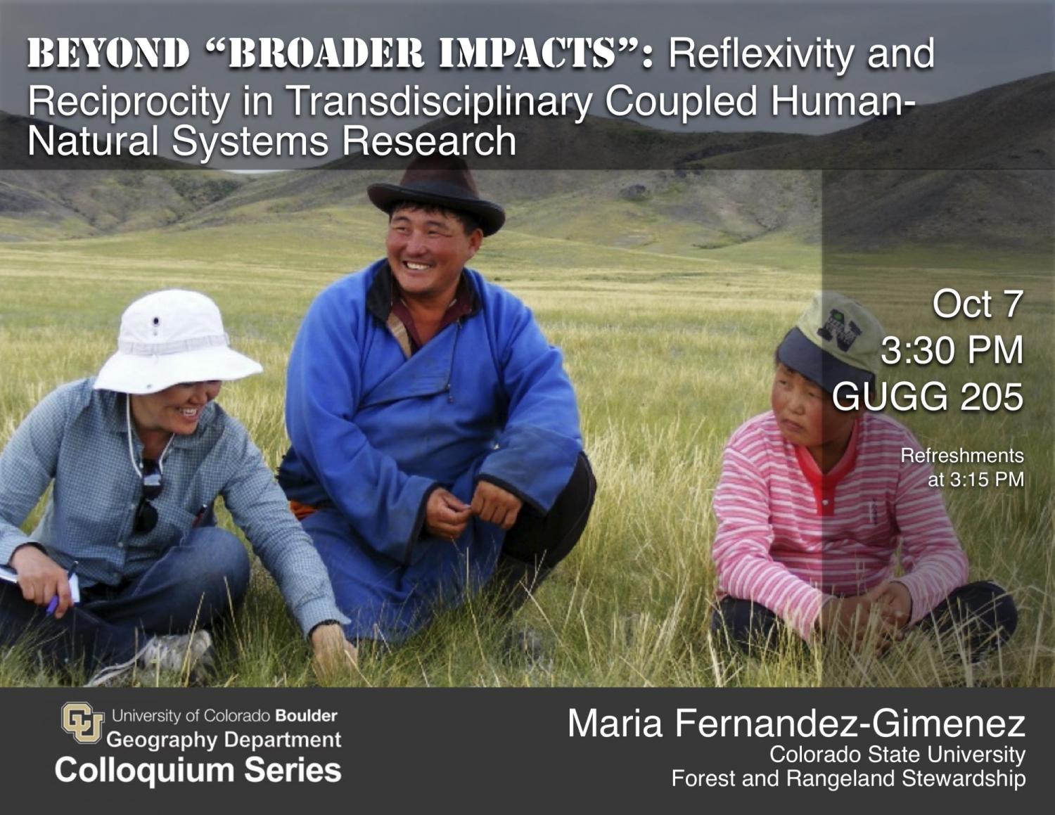 Colloquium poster with title, date, time, location, and 3 people sitting in grass in front of mountains