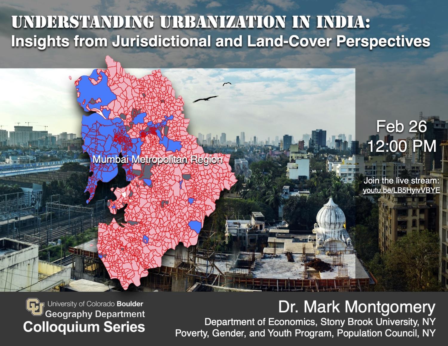 Graphic of the jurisdictional space of the Mumbai Metropolitan Region overlaid onto photo of Mumbai. Includes colloquium date, time, link, presenter's title info.