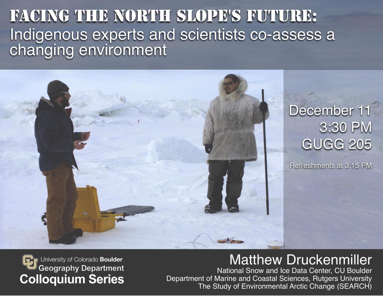 Colloquium poster with title, date, time, location, and 2 men on ice and snow