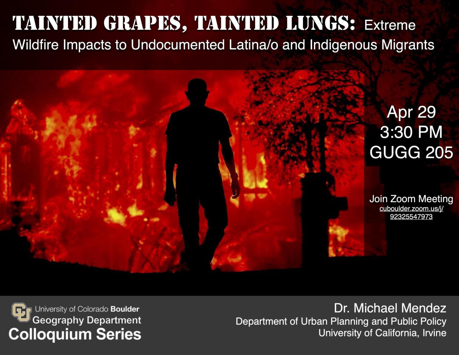 colloquium poster with title, time and silhouette of man walking toward wildfire