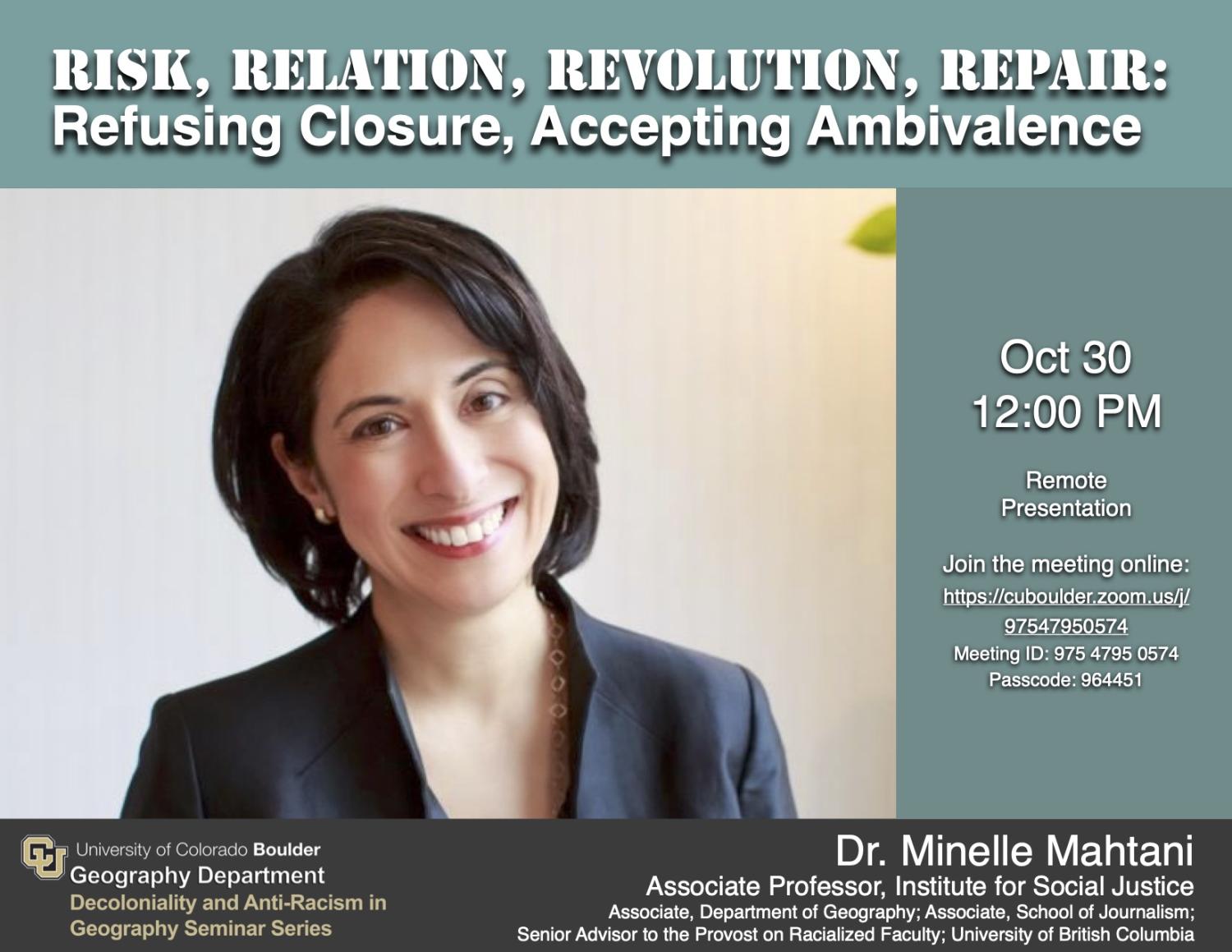 photo of Minelle Mahtani with date and time of the talk
