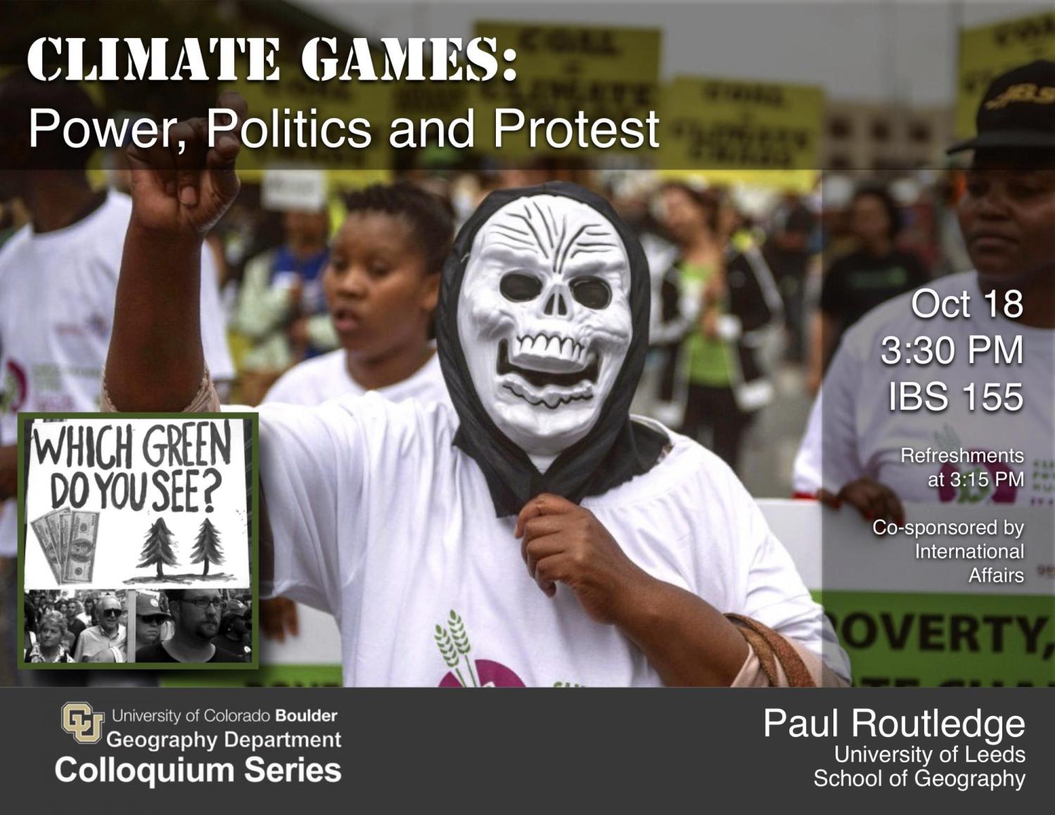 Colloquium poster with title, date, time, location, and man in skeleton mask