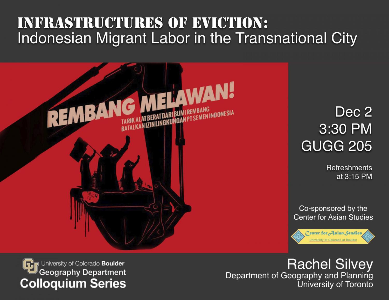 Colloquium poster with title, date, time, location, and graphic of people held in a backhoe bucket