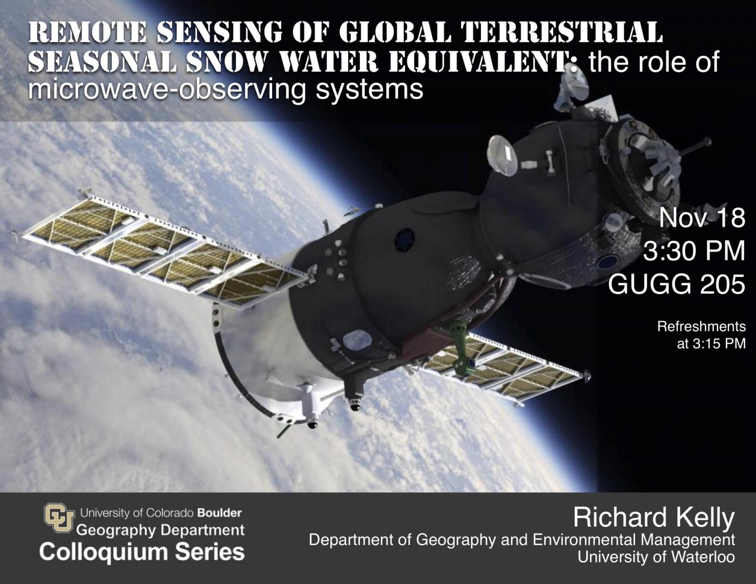 Colloquium poster with title, date, time, location, and satellite over Earth