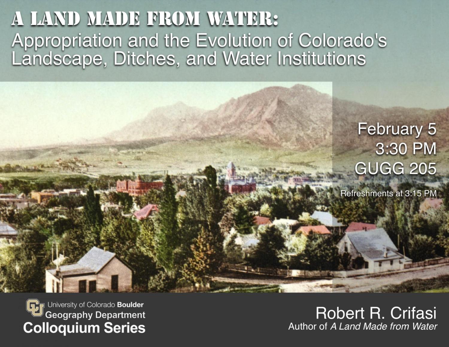 Colloquium poster with title, date, time, location, and old photo of Boulder landscape