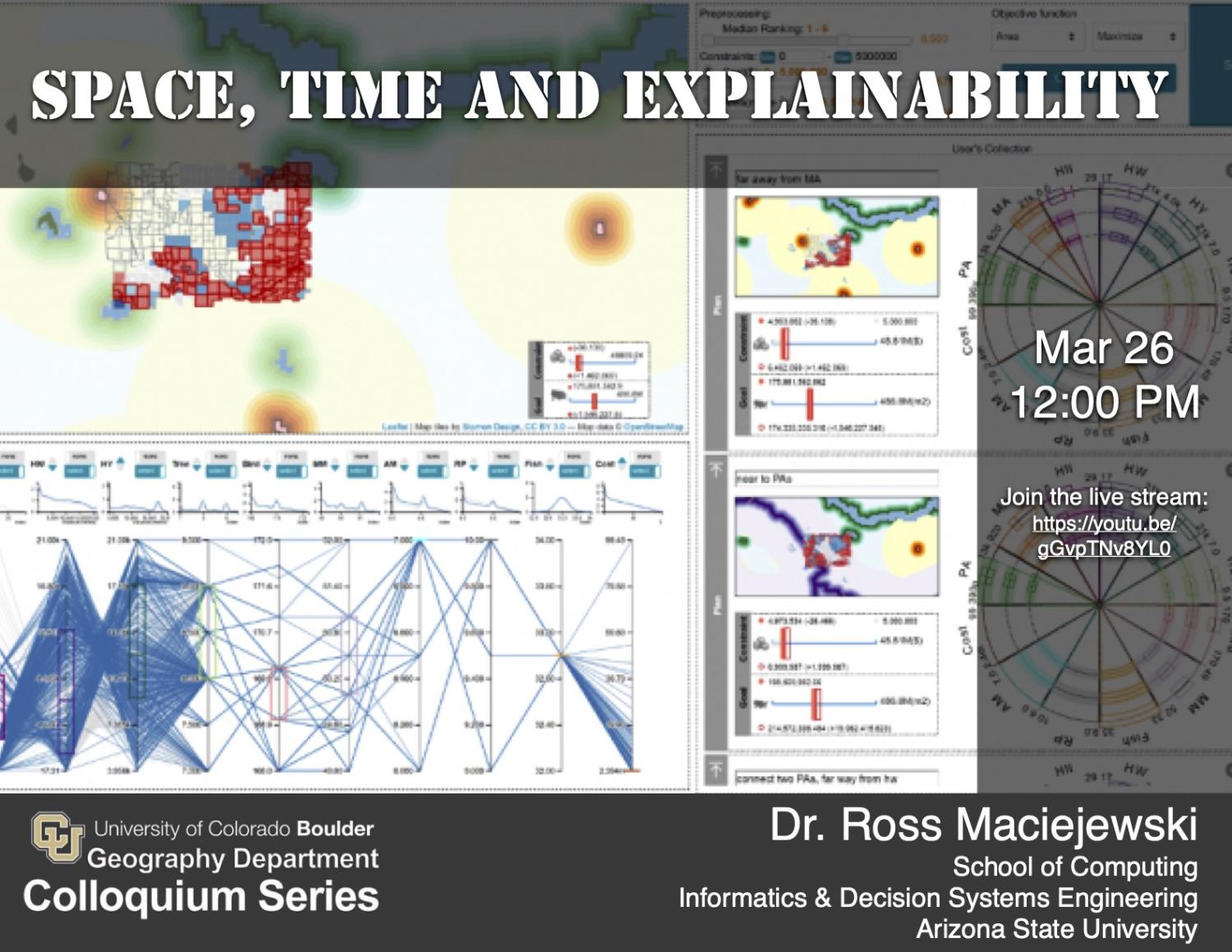 Colloquium poster with date, time, link and Spatiotemporal software interface background image
