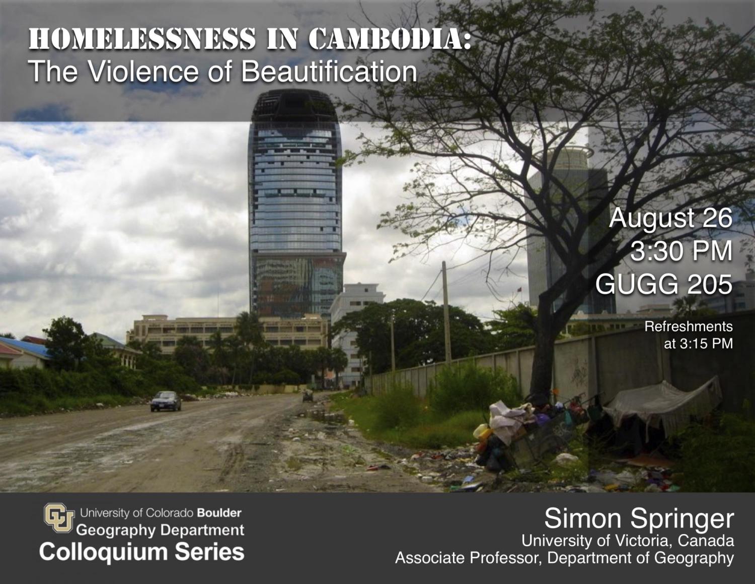 Colloquium poster with title, date, time, location, and dilapidated city building
