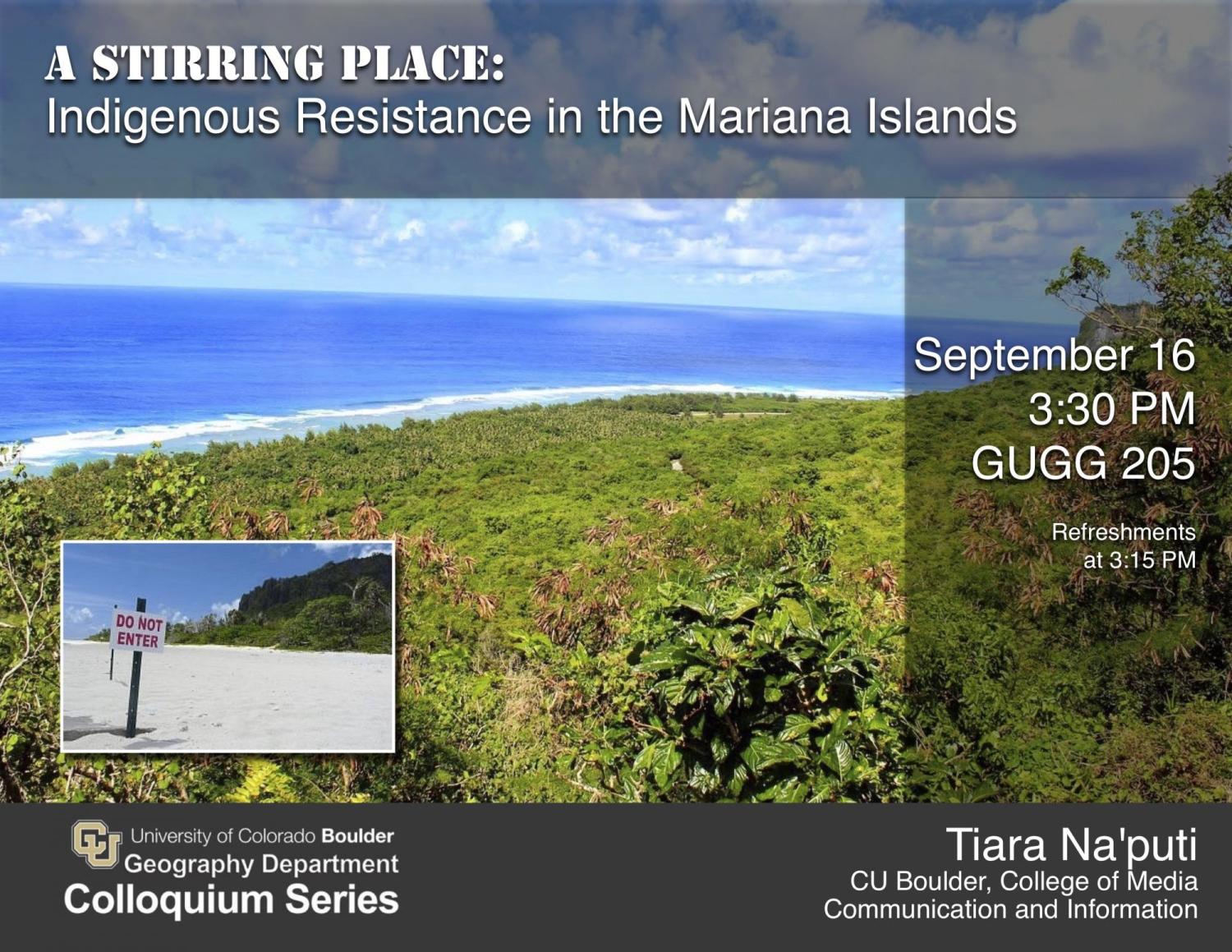 Colloquium poster with title, date, time, location, and jungle, beach, and sign saying keep out